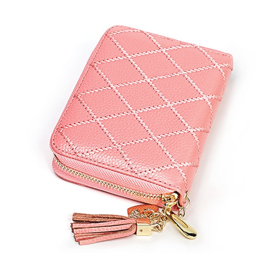KB213 Diamond Texture Zipper Cowhide Leather Double Row Organ Shape Multiple Card Slots Anti-magnetic RFID Wallet Clutch Bag for Ladies (Pink) by bashfashion