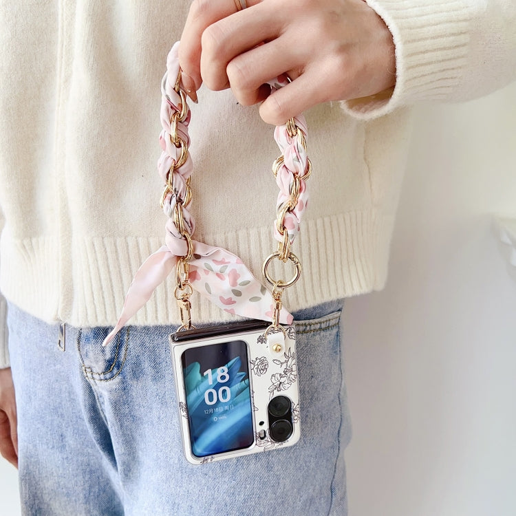 For OPPO Find N2 Flip Pearlescent Paint Painted PC Phone Case with DIY Scarf Bracelet(Sketch Flower) by bashfashion