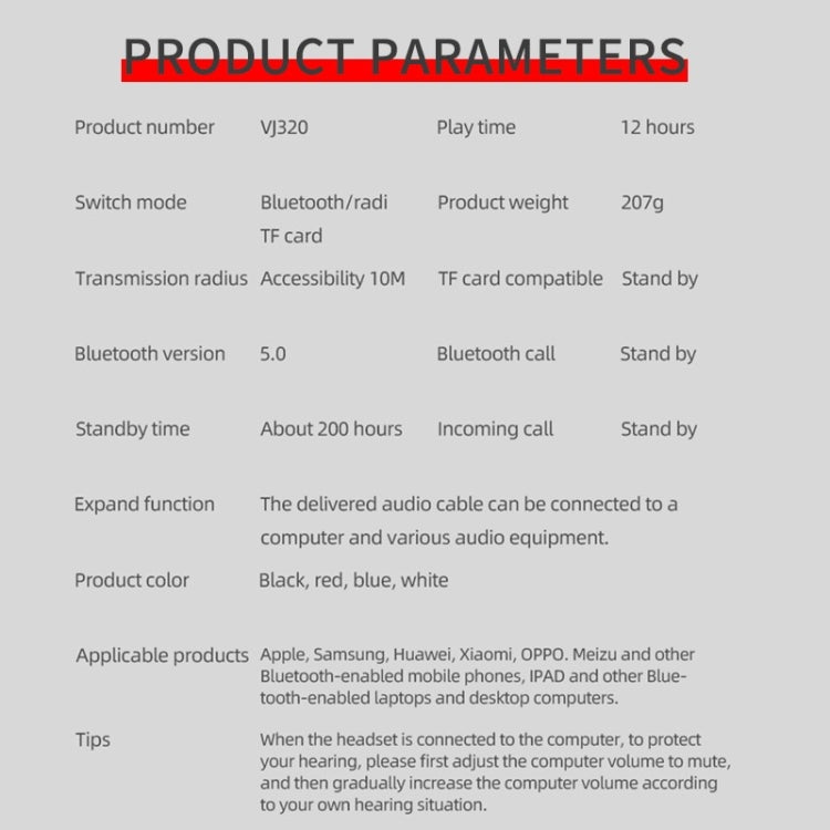 VJ320 Bluetooth 5.0 Head-mounted Foldable Wireless Headphones Support TF Card with Mic(Red) by bashfashion