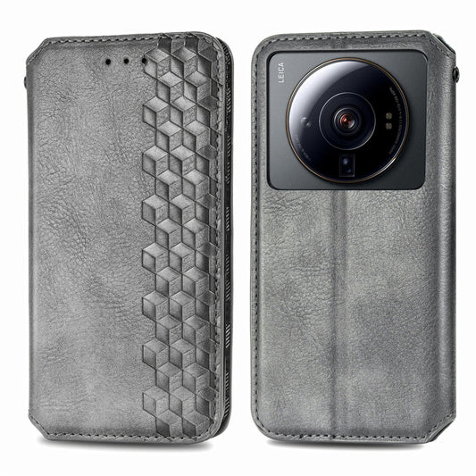 For Xiaomi 12S Ultra Cubic Grid Pressed Magnetic Leather Phone Case(Gray) by bashfashion