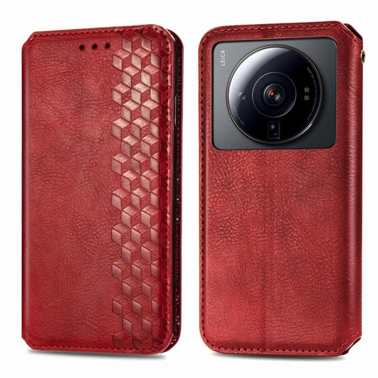 For Xiaomi 12S Ultra Cubic Grid Pressed Magnetic Leather Phone Case(Red) by bashfashion