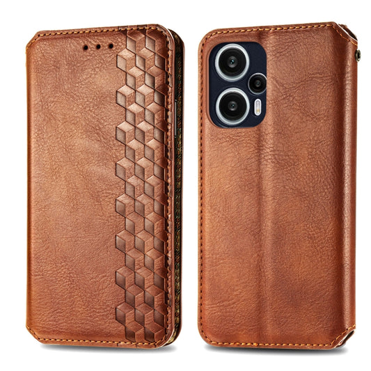 For Redmi Note 12 Turbo Cubic Grid Pressed Magnetic Leather Phone Case(Brown) by bashfashion