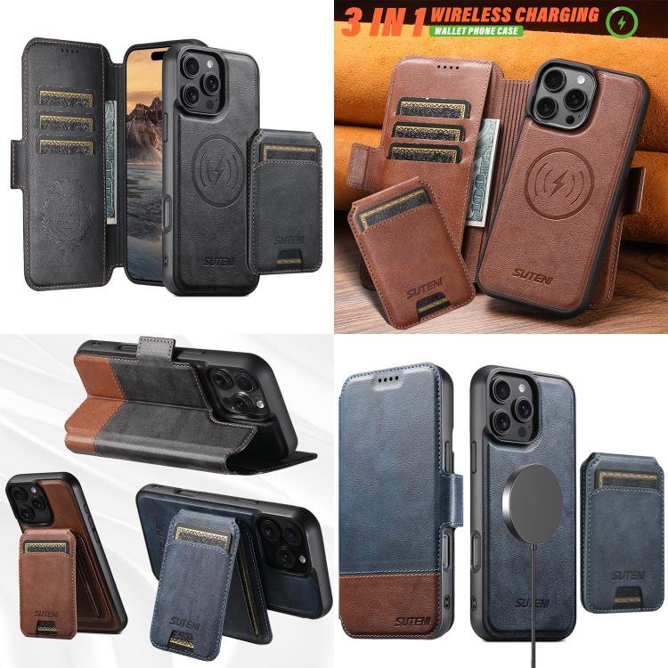 For iPhone 16 Pro Suteni Q06S2 3-in-1 Detachable Vertical Flip Wallet MagSafe Splicing Leather Phone Case(Black) by Suteni