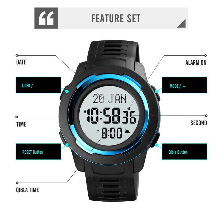 SKMEI 1729 Qibla Calendar Timing Multifunctional LED Digital Display Luminous Electronic Watch(Blue and White) by SKMEI