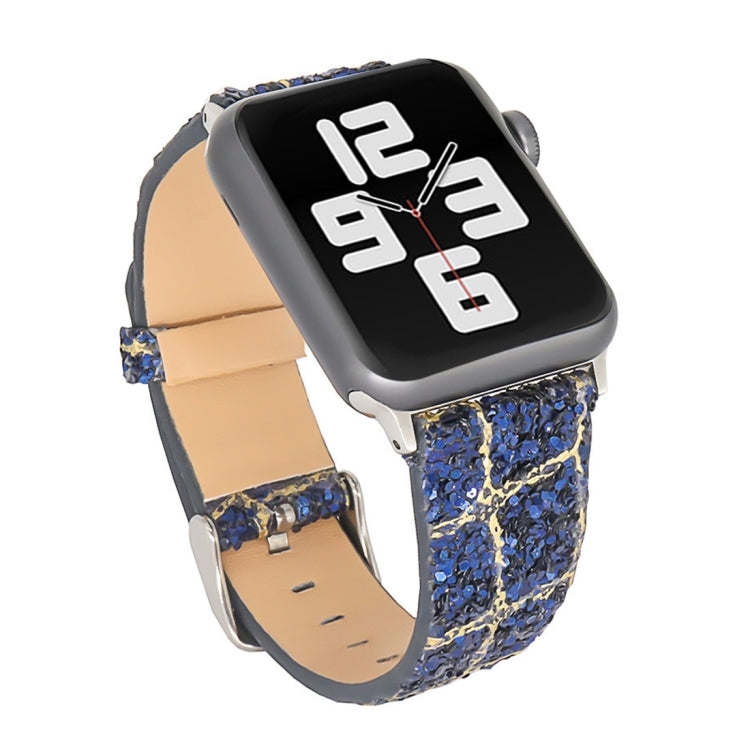 For Apple Watch 5 & 4 44mm / 3 & 2 & 1 42mm Glitter Sequins Leather Watch Band(Blue Gold) by bashfashion