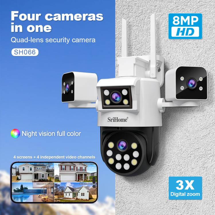 SriHome SH066 8MP HD Quad Lens Security Camera, Support Full Color Night Vision / Two-way Audio(US Plug) by SriHome