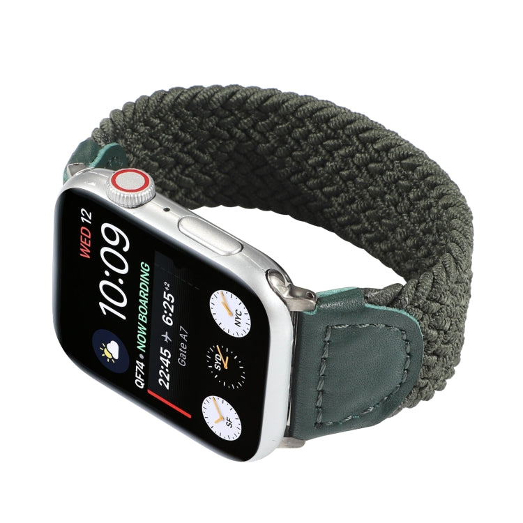 Nylon + Leather Braided Watch Band For Apple Watch Series 9&8&7 41mm / SE 3&SE 2&6&SE&5&4 40mm / 3&2&1 38mm, Size:M(Army Green) by bashfashion