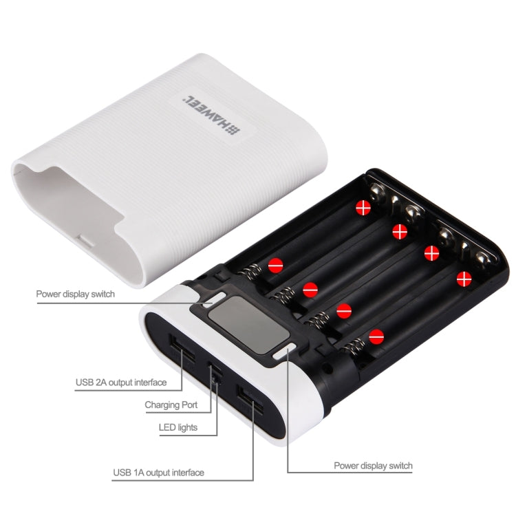 HAWEEL DIY 4 x 18650 Battery (Not Included) 10000mAh Power Bank Shell Box with 2 x USB Output & Display for iPhone, Galaxy, Sony, HTC, Google, Huawei, Xiaomi, Lenovo and other Smartphones(White) by HAWEEL