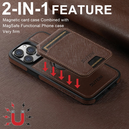 For iPhone 16 Suteni M2 Cross-Grain MagSafe Vertical Card Back Phone Case(Brown) by Suteni