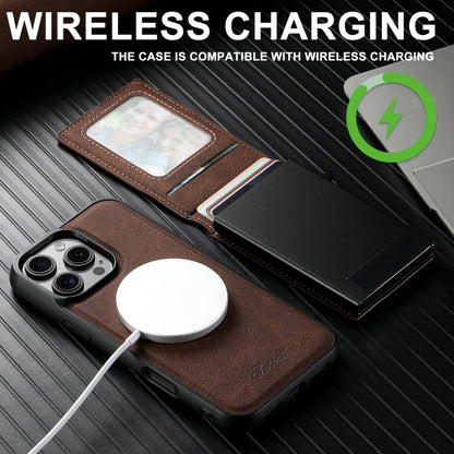 For iPhone 15 Plus Suteni H19 Litchi Grain 2-in-1 MagSafe Removable Card Box Back Phone Case(Brown) by Suteni
