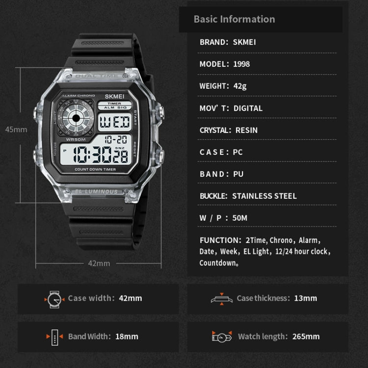 SKMEI 1998 Transparent Shell Ice Sensor Outdoor Sports Waterproof Multi-function Watch(Black) by SKMEI